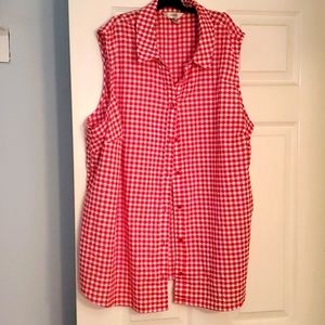 Red and white checked sleeveless cotton shirt